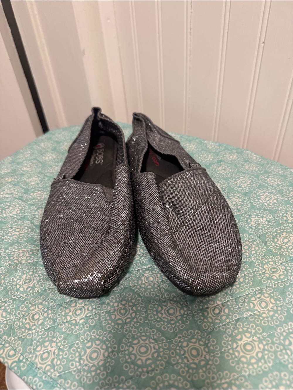 Skechers Women's Sparkle Slip-On Flats in Charcoal Gray